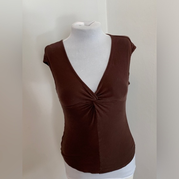 VTG Lipsy chocolate Brown Y2k 2000s Soft Cap Sleeve Top Twist Front sexy thin - Picture 3 of 11